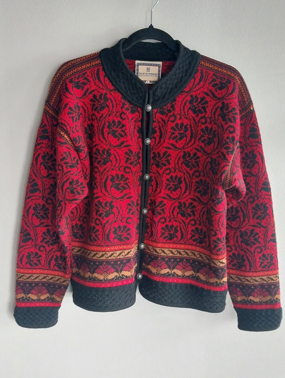 Dale of Norway Red & Black Damask Floral 100% Pure New Wool Button Cardigan
